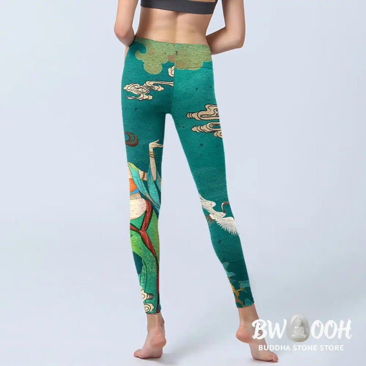 Buddha Stones Elegant Fairy Crane Cloud Pine Tree Pattern Print Gym Leggings Women&