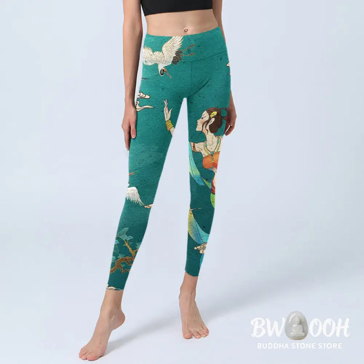 Buddha Stones Elegant Fairy Crane Cloud Pine Tree Pattern Print Gym Leggings Women&