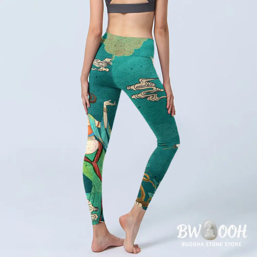 Buddha Stones Elegant Fairy Crane Cloud Pine Tree Pattern Print Gym Leggings Women&