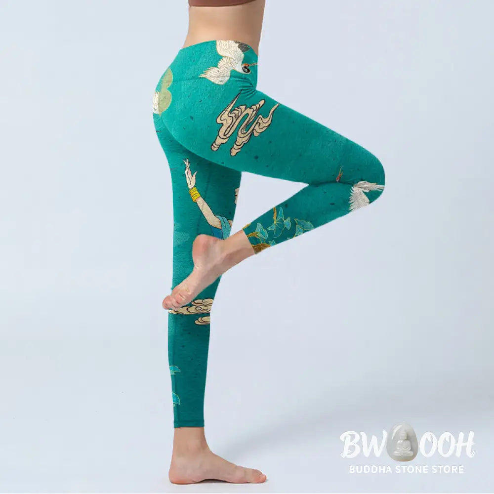 Buddha Stones Elegant Fairy Crane Cloud Pine Tree Pattern Print Gym Leggings Women&