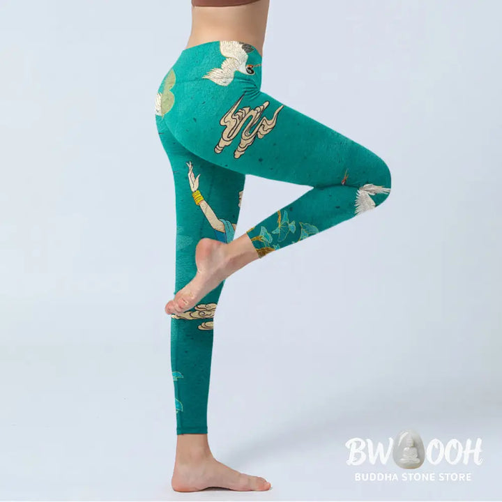 Buddha Stones Elegant Fairy Crane Cloud Pine Tree Pattern Print Gym Leggings Women&