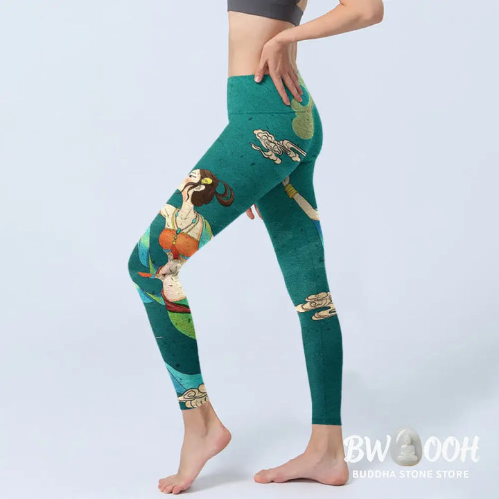 Buddha Stones Elegant Fairy Crane Cloud Pine Tree Pattern Print Gym Leggings Women&