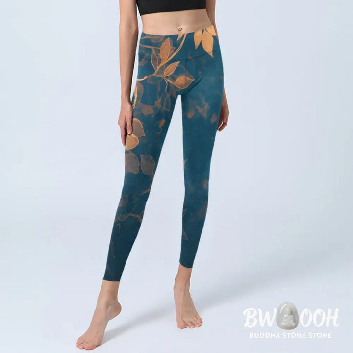 Buddha Stones Elegant Leaf Pattern Print Gym Leggings Women&