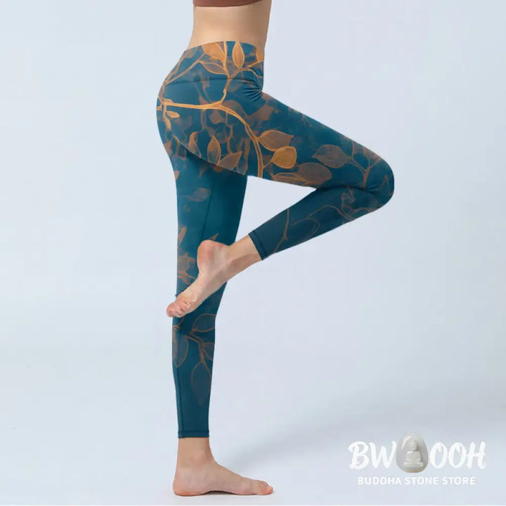 Buddha Stones Elegant Leaf Pattern Print Gym Leggings Women&