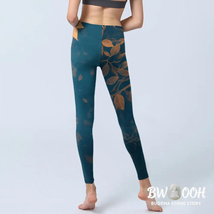 Buddha Stones Elegant Leaf Pattern Print Gym Leggings Women&