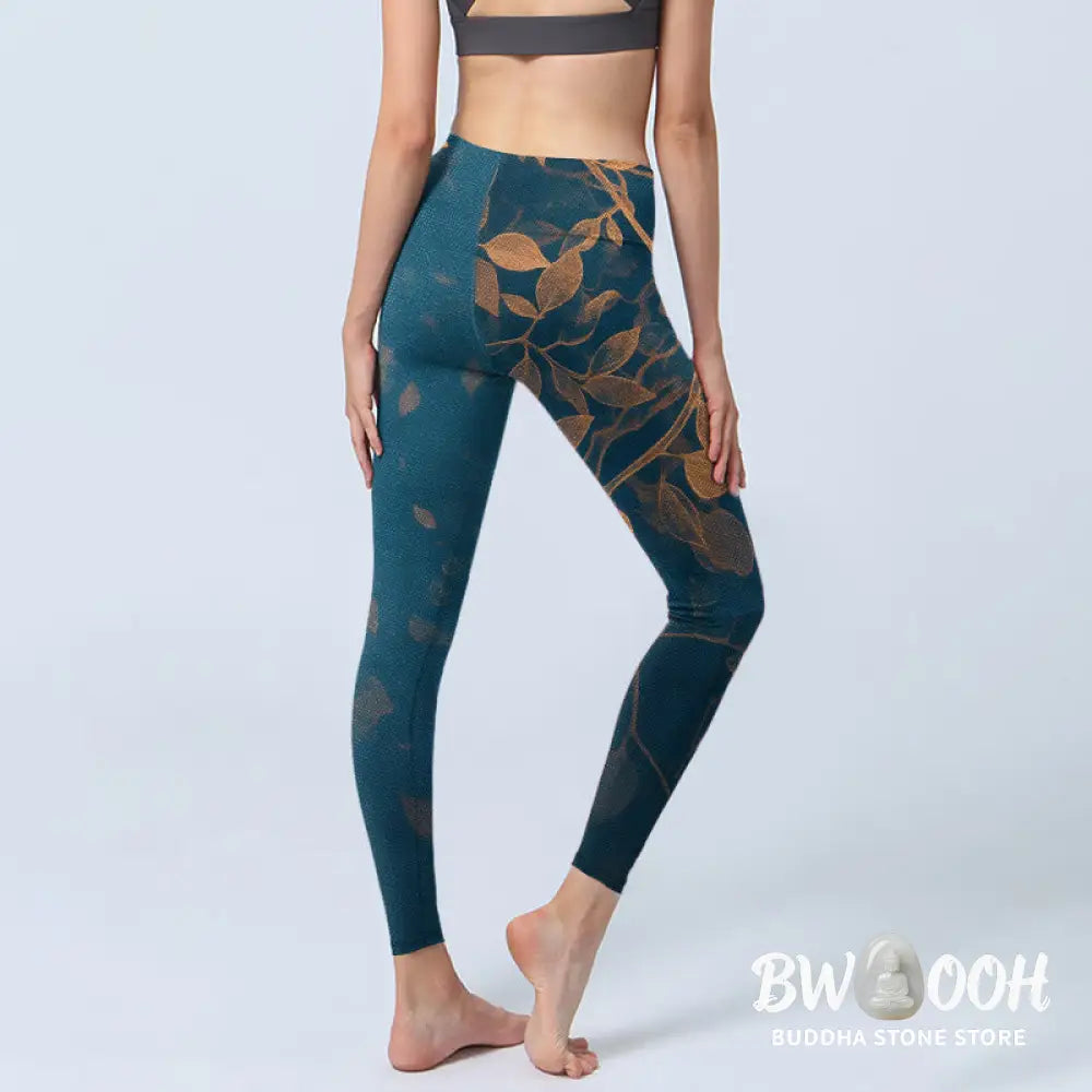 Buddha Stones Elegant Leaf Pattern Print Gym Leggings Women&