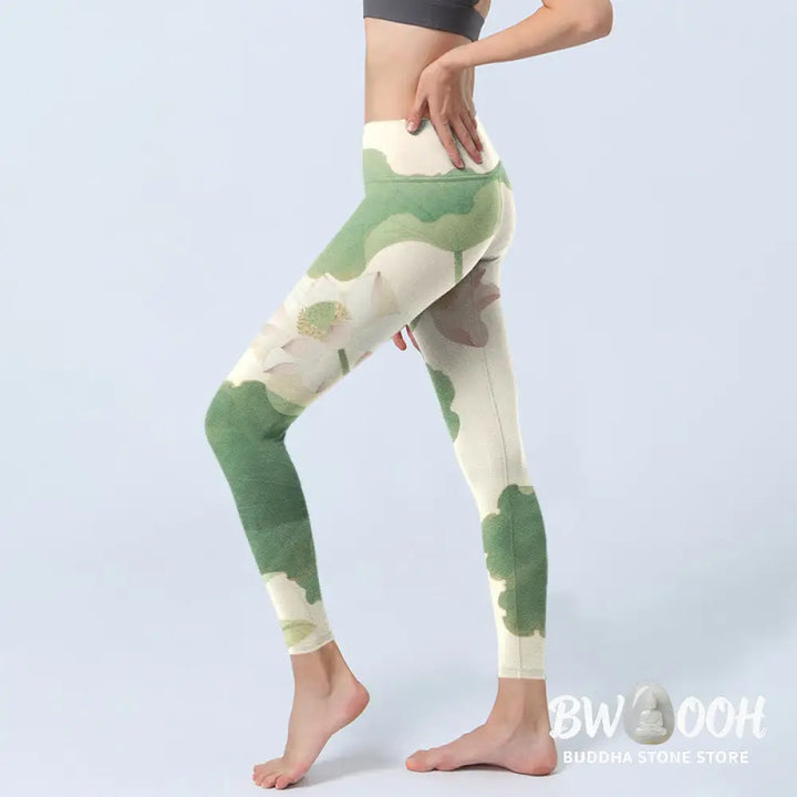BWOOOH lotus print yoga leggings - Elegant Lotus Flower Leaves Pattern Prin