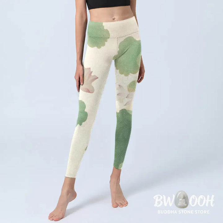 BWOOOH lotus print yoga leggings - Elegant Lotus Flower Leaves Pattern Prin