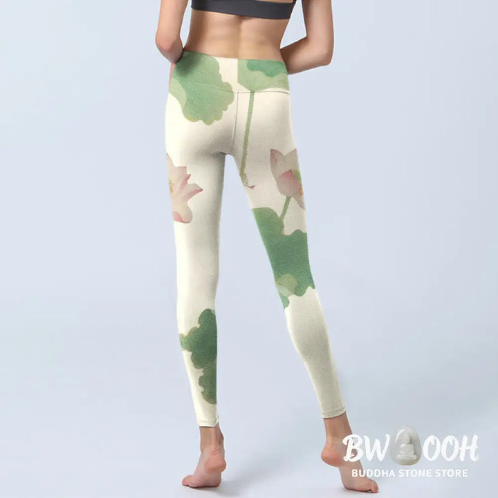 BWOOOH lotus print yoga leggings - Elegant Lotus Flower Leaves Pattern Prin