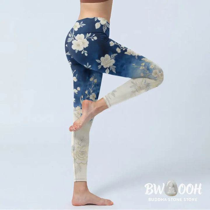 Buddha Stones Elegant Refined Flower Pattern Print Gym Leggings Women&