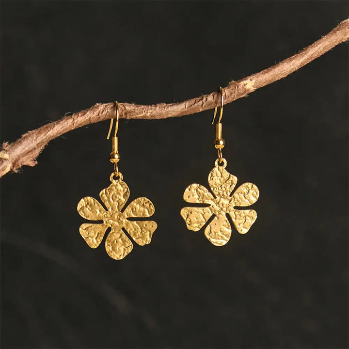 Buddha Stones Elegant Titanium Steel Balance Hammer Marks Earrings - Golden Flower Shape(Titanium Steel Posts)