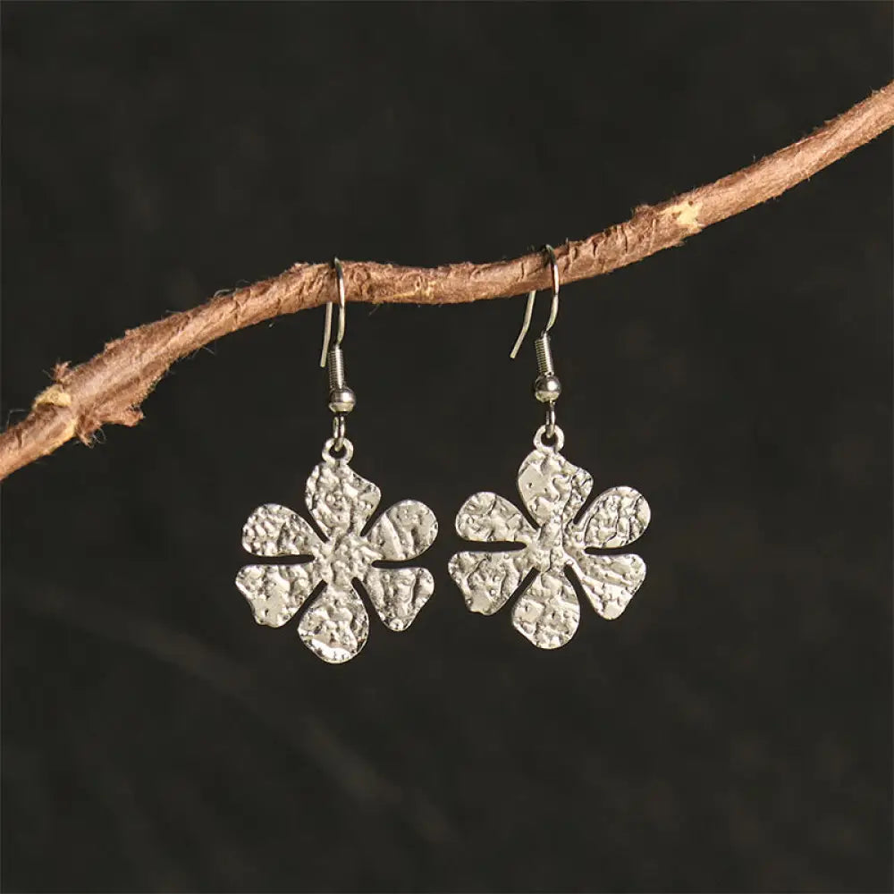 Buddha Stones Elegant Titanium Steel Balance Hammer Marks Earrings - Silvery Flower Shape(Titanium Steel Posts)