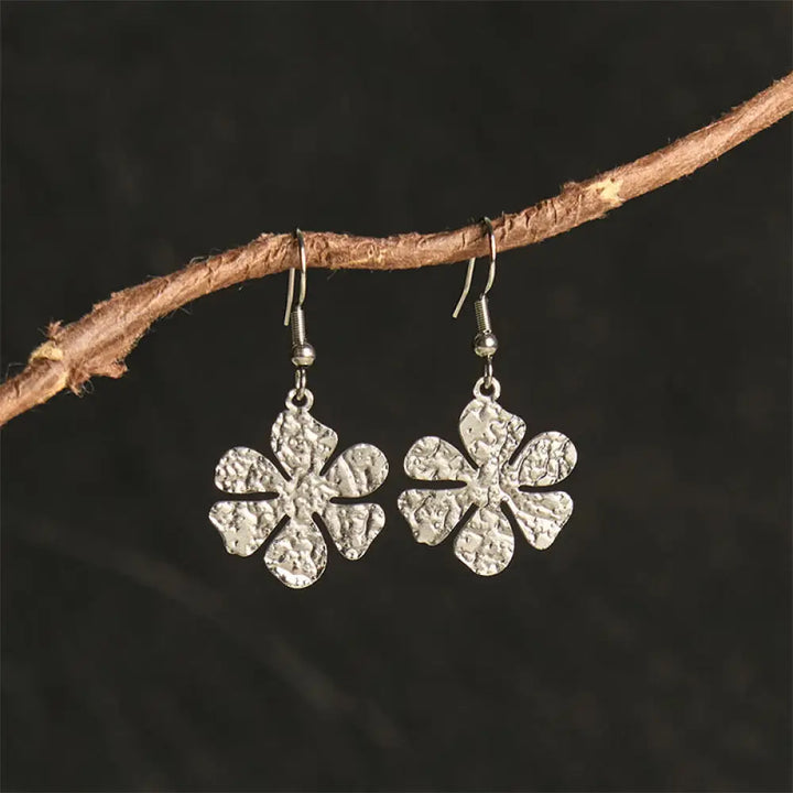 Buddha Stones Elegant Titanium Steel Balance Hammer Marks Earrings - Silvery Flower Shape(Titanium Steel Posts)