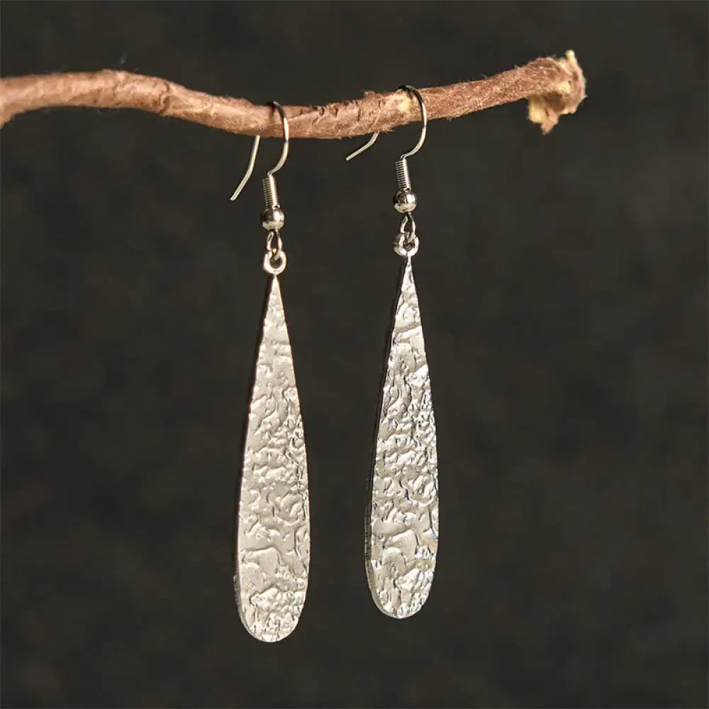 Buddha Stones Elegant Titanium Steel Balance Hammer Marks Earrings - Silvery Teardrop Shape(Titanium Steel Posts)