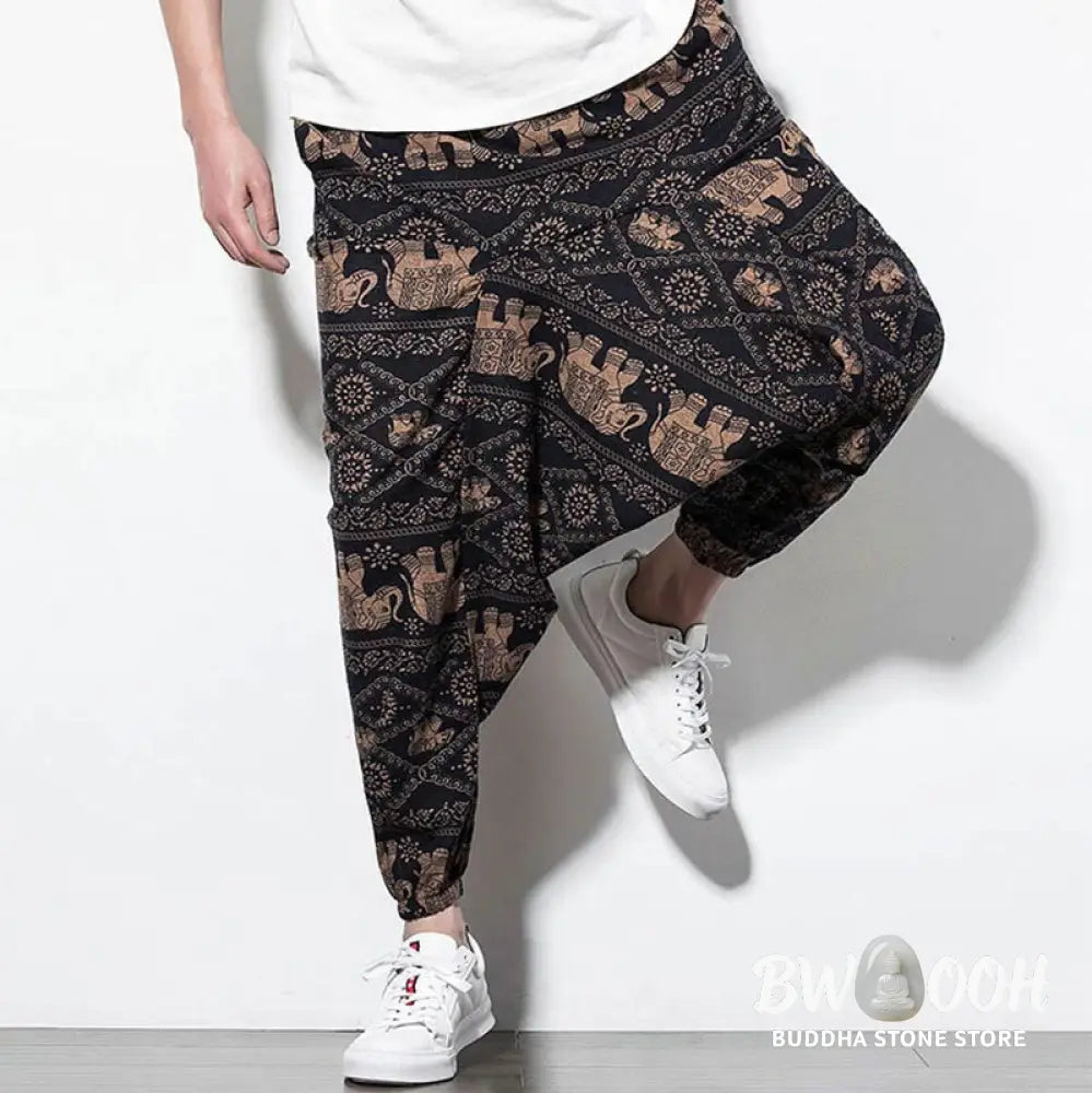 Buddha Stones Elephant Brown Black Print Cotton Men’s Long Cropped Harem Pants With Pockets - Men’s Harem Pants