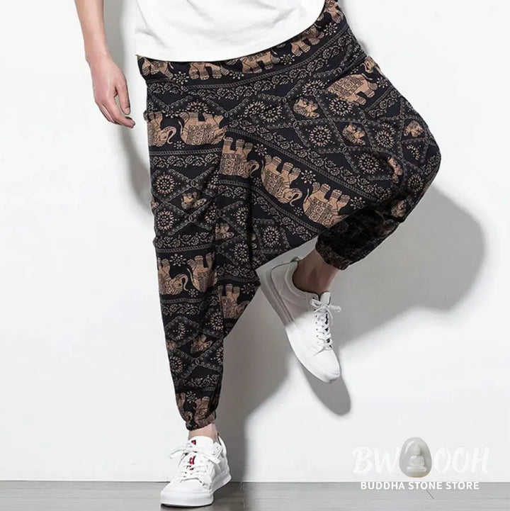 Buddha Stones Elephant Brown Black Print Cotton Men’s Long Cropped Harem Pants With Pockets - Men’s Harem Pants