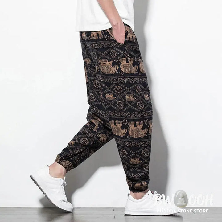 Buddha Stones Elephant Brown Black Print Cotton Men’s Long Cropped Harem Pants With Pockets - Men’s Harem Pants