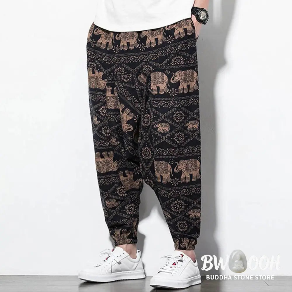Buddha Stones Elephant Brown Black Print Cotton Men’s Long Cropped Harem Pants With Pockets - Men’s Harem Pants
