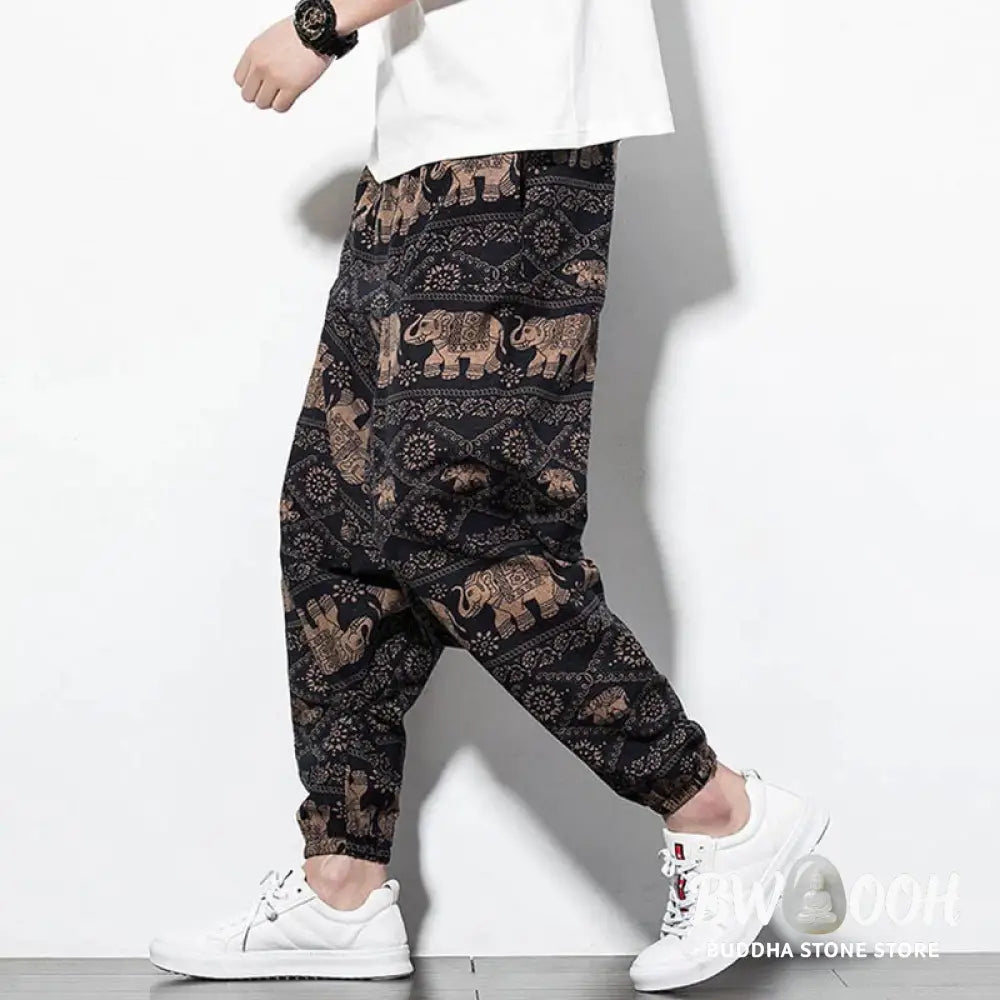 Buddha Stones Elephant Brown Black Print Cotton Men’s Long Cropped Harem Pants With Pockets - Men’s Harem Pants