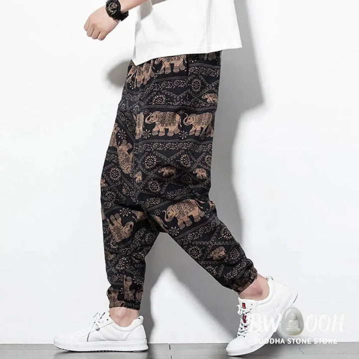 Buddha Stones Elephant Brown Black Print Cotton Men’s Long Cropped Harem Pants With Pockets - Men’s Harem Pants