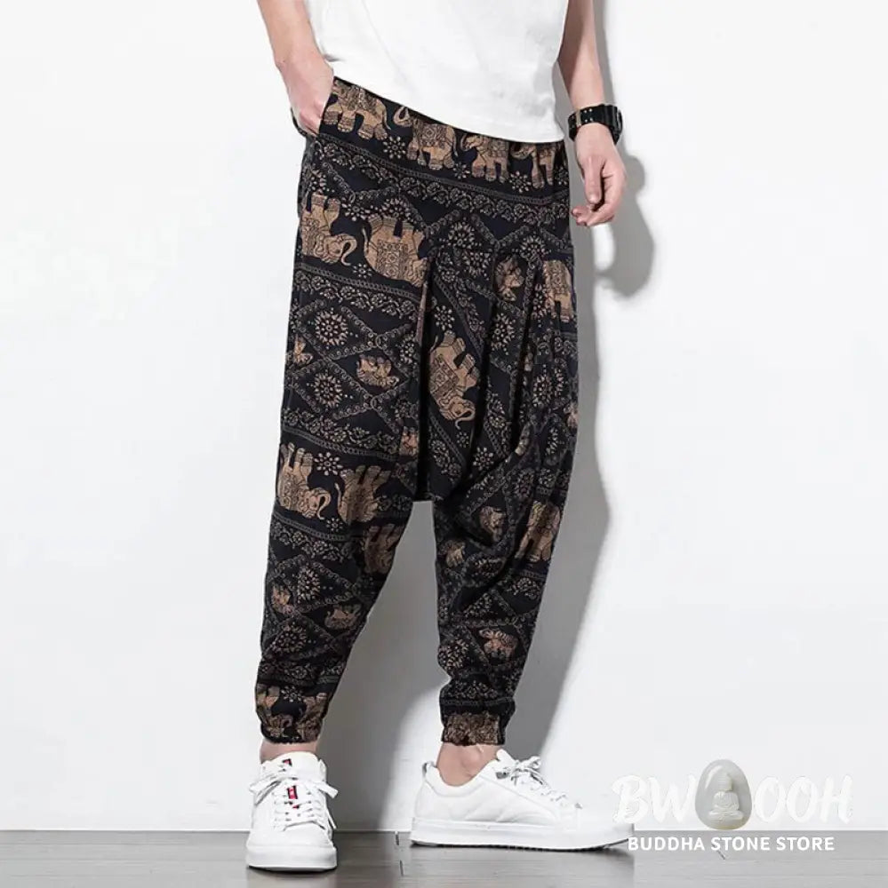 Buddha Stones Elephant Brown Black Print Cotton Men’s Long Cropped Harem Pants With Pockets - Men’s Harem Pants
