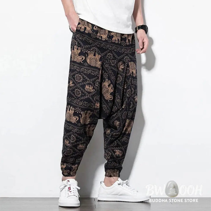 Buddha Stones Elephant Brown Black Print Cotton Men’s Long Cropped Harem Pants With Pockets - Men’s Harem Pants