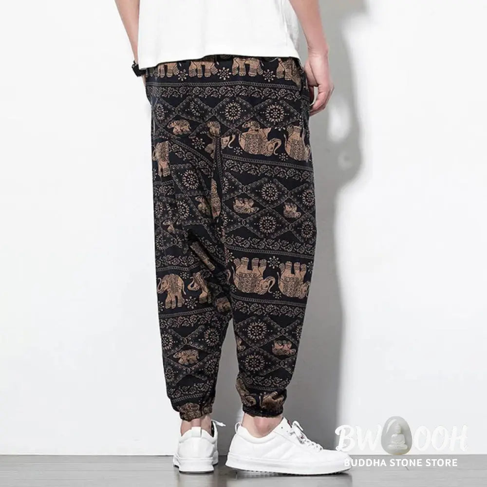 Buddha Stones Elephant Brown Black Print Cotton Men’s Long Cropped Harem Pants With Pockets - Men’s Harem Pants