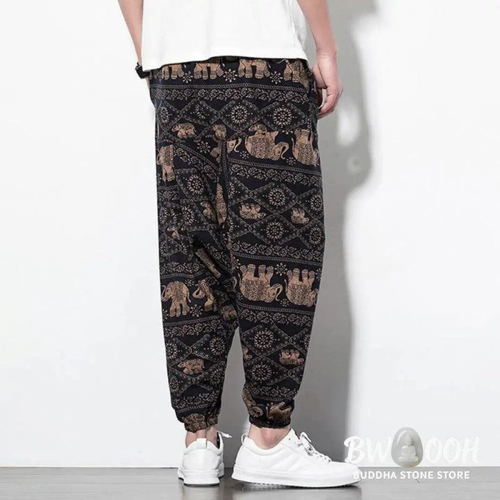 Buddha Stones Elephant Brown Black Print Cotton Men’s Long Cropped Harem Pants With Pockets - Men’s Harem Pants