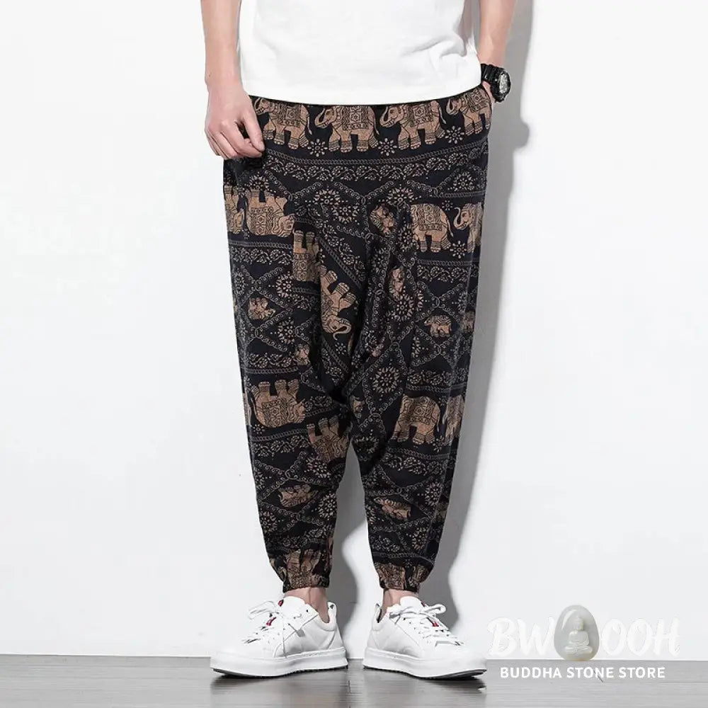 Buddha Stones Elephant Brown Black Print Cotton Men’s Long Cropped Harem Pants With Pockets - Men’s Harem Pants
