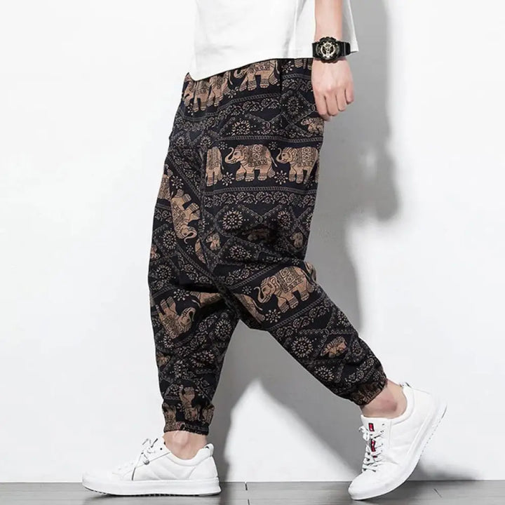 BWOOOH printed harem pants - Elephant Brown Black Print Cotton Men&