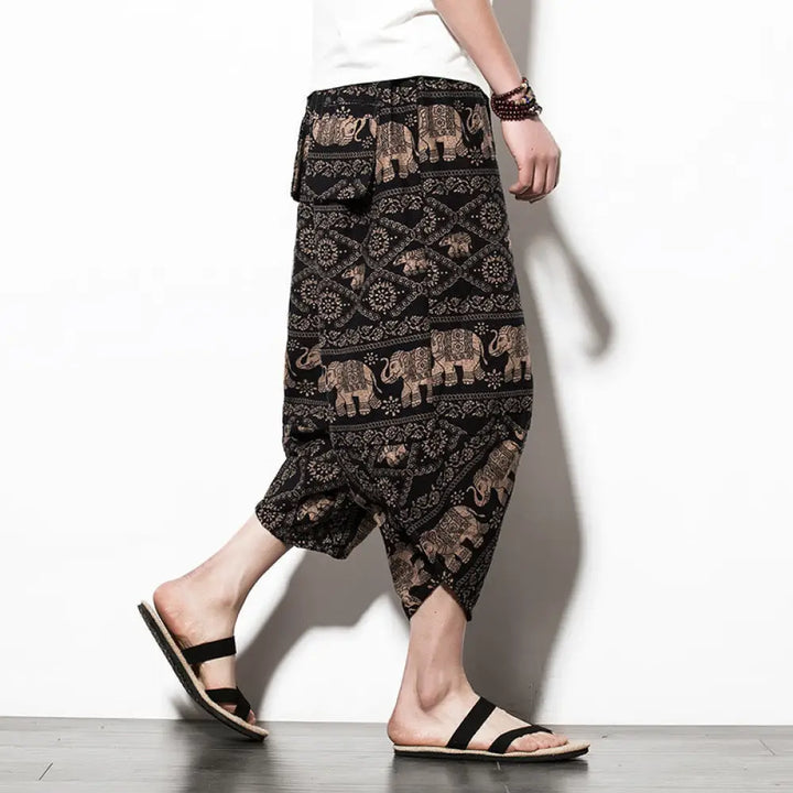 Buddha Stones Elephant Brown Black Print Cotton Men’s Long Cropped Harem Pants With Pockets - Cropped Style Elephant
