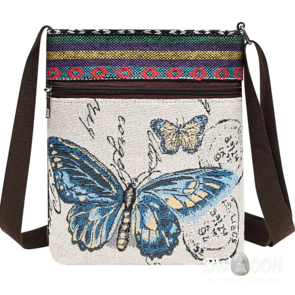 Buddha Stones Elephant Butterfly Embroidered Canvas Tote Bag Shoulder Bag Crossbody Bag - Bag