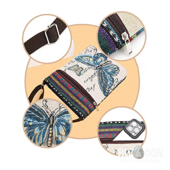Buddha Stones Elephant Butterfly Embroidered Canvas Tote Bag Shoulder Bag Crossbody Bag - Bag