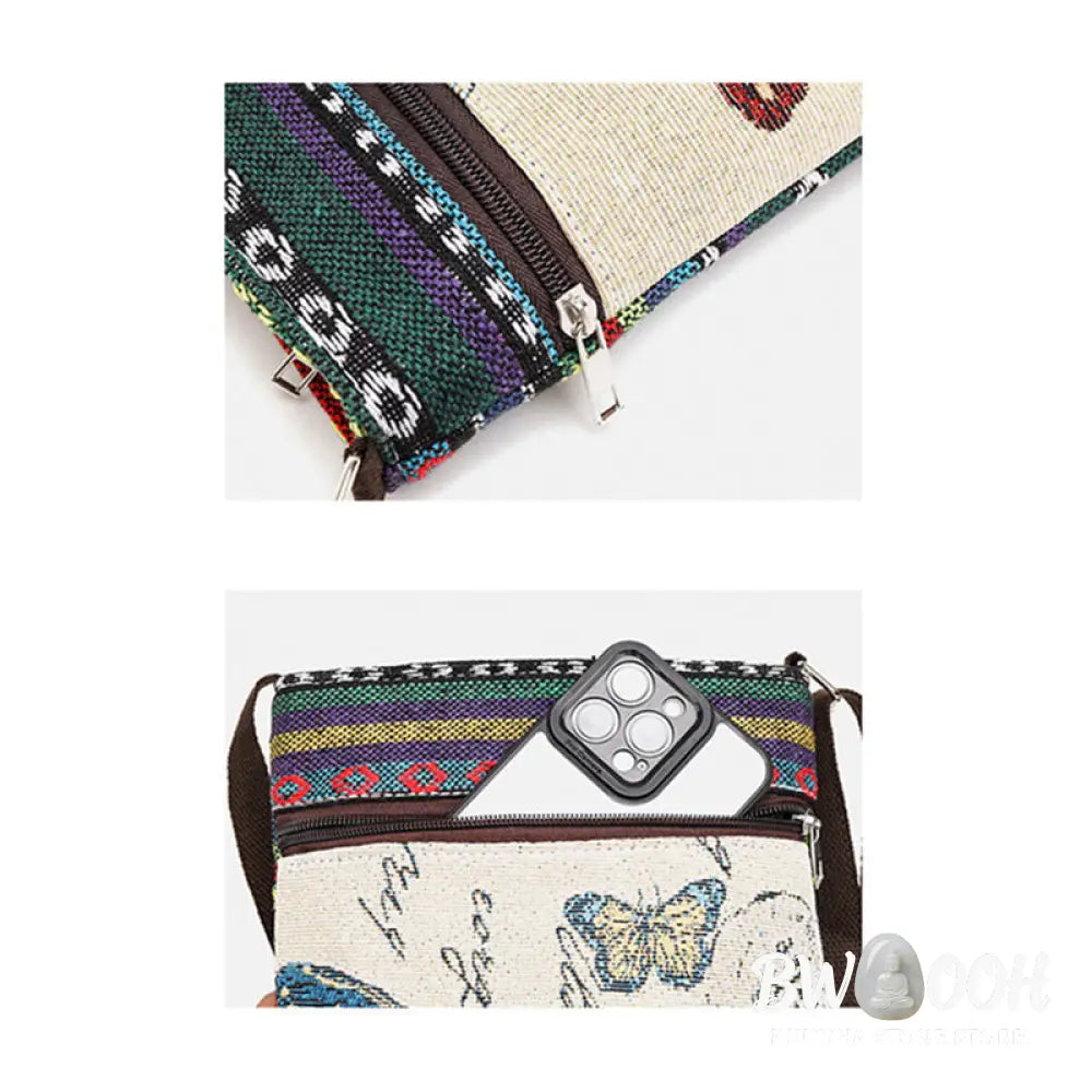Buddha Stones Elephant Butterfly Embroidered Canvas Tote Bag Shoulder Bag Crossbody Bag - Bag