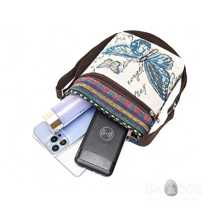 Buddha Stones Elephant Butterfly Embroidered Canvas Tote Bag Shoulder Bag Crossbody Bag - Bag