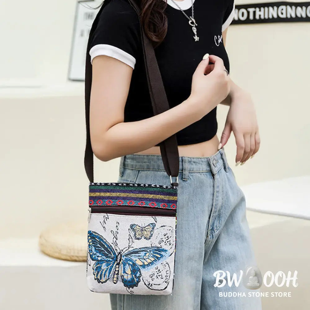 Buddha Stones Elephant Butterfly Embroidered Canvas Tote Bag Shoulder Bag Crossbody Bag - Bag