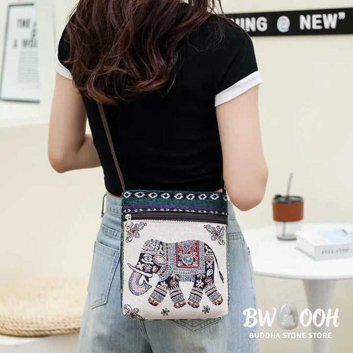 Buddha Stones Elephant Butterfly Embroidered Canvas Tote Bag Shoulder Bag Crossbody Bag - Bag