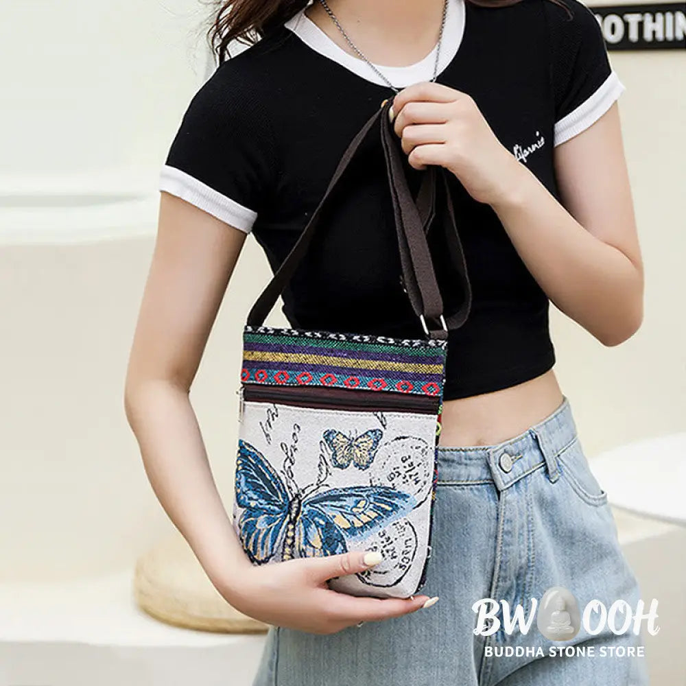 Buddha Stones Elephant Butterfly Embroidered Canvas Tote Bag Shoulder Bag Crossbody Bag - Bag