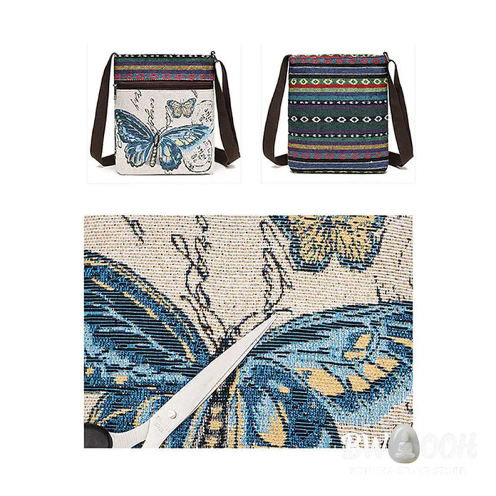 Buddha Stones Elephant Butterfly Embroidered Canvas Tote Bag Shoulder Bag Crossbody Bag - Bag