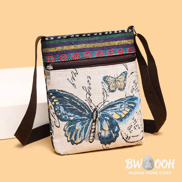Buddha Stones Elephant Butterfly Embroidered Canvas Tote Bag Shoulder Bag Crossbody Bag - Bag