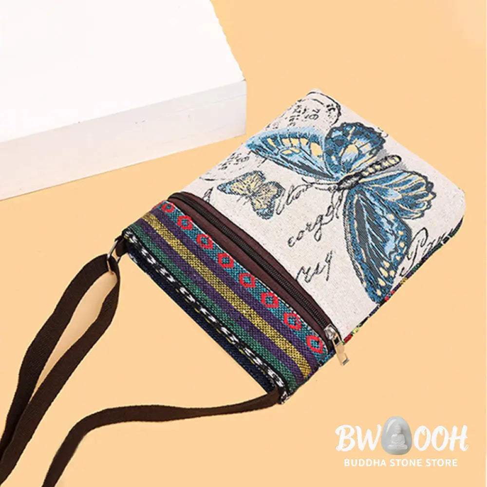 Buddha Stones Elephant Butterfly Embroidered Canvas Tote Bag Shoulder Bag Crossbody Bag - Bag