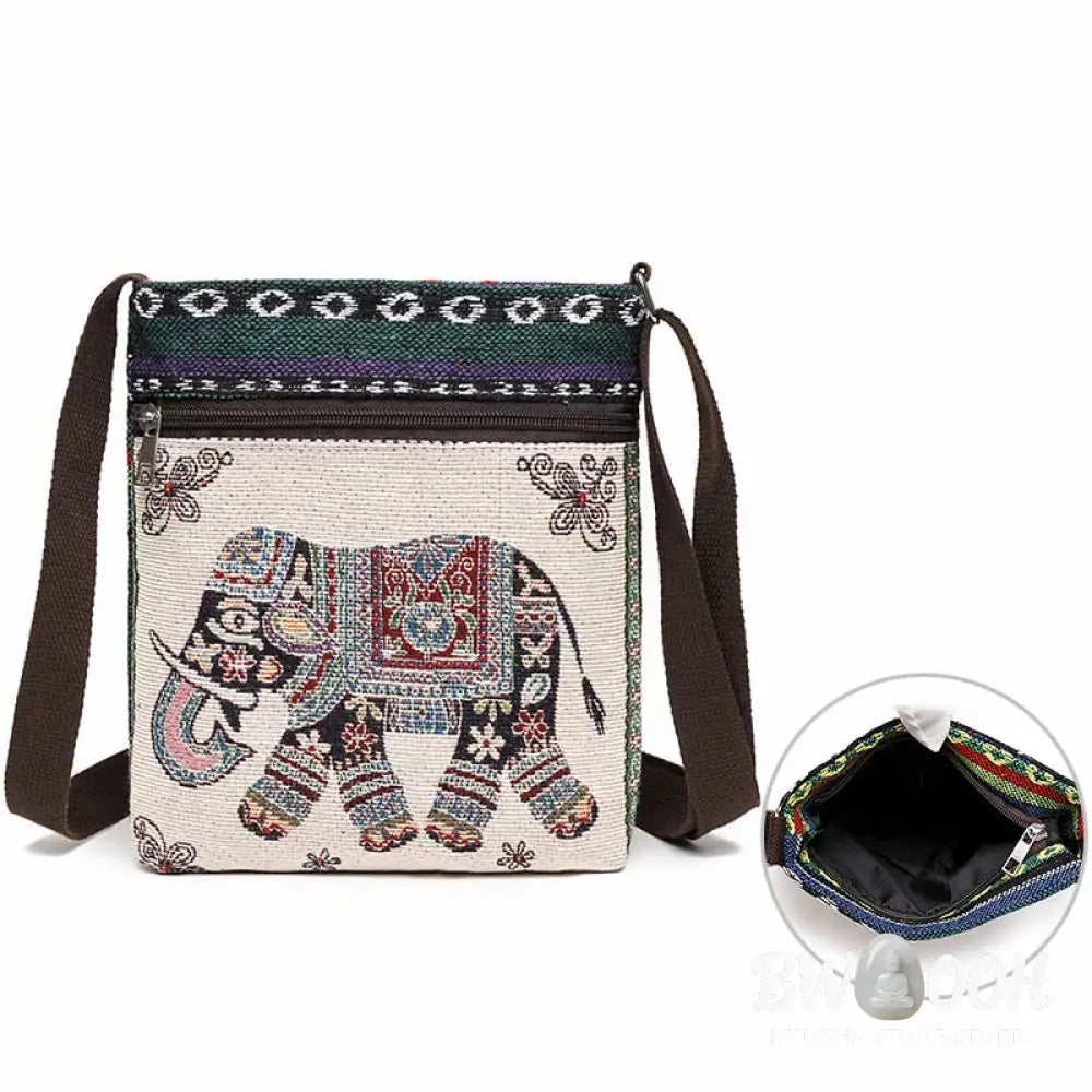 Buddha Stones Elephant Butterfly Embroidered Canvas Tote Bag Shoulder Bag Crossbody Bag - Bag