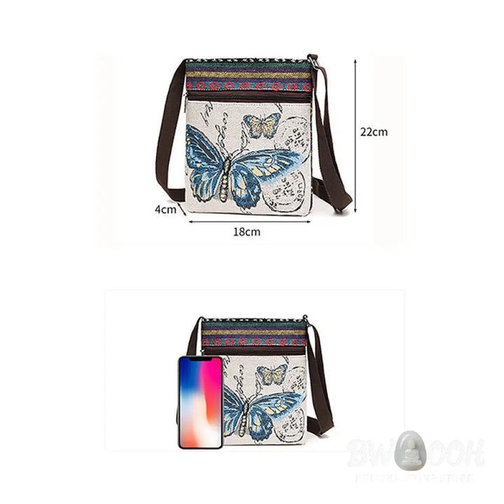 Buddha Stones Elephant Butterfly Embroidered Canvas Tote Bag Shoulder Bag Crossbody Bag - Bag