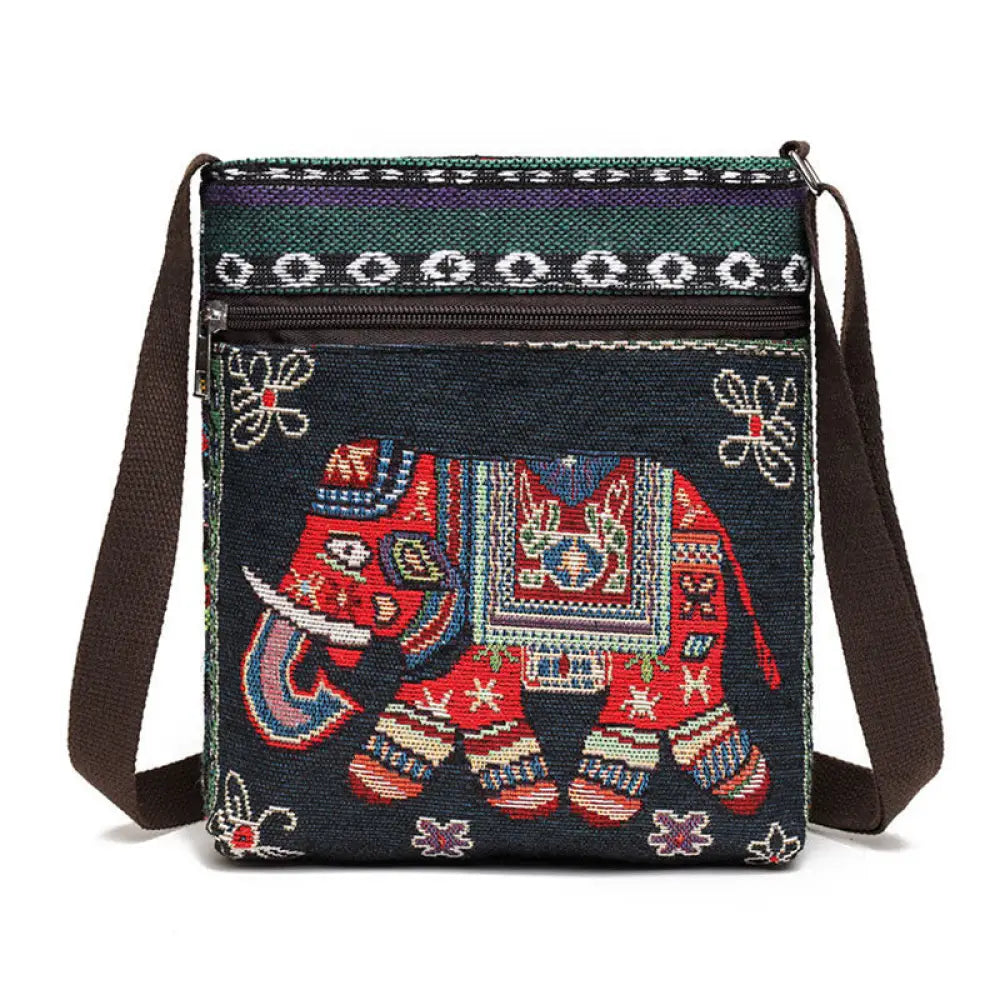 Buddha Stones Elephant Butterfly Embroidered Canvas Tote Bag Shoulder Bag Crossbody Bag - Black Elephant - Bag