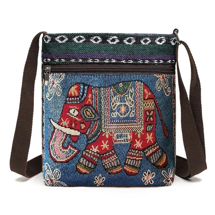 Buddha Stones Elephant Butterfly Embroidered Canvas Tote Bag Shoulder Bag Crossbody Bag - Blue Elephant - Bag