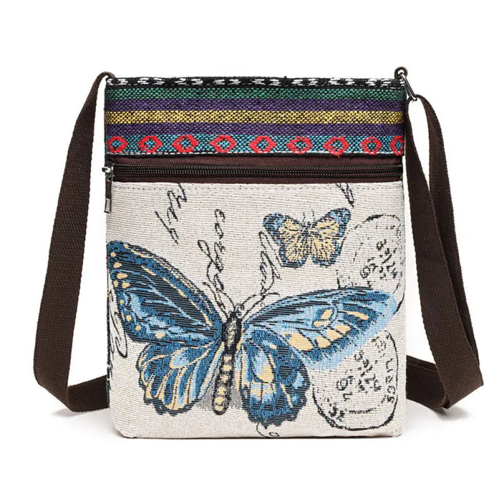 Buddha Stones Elephant Butterfly Embroidered Canvas Tote Bag Shoulder Bag Crossbody Bag - Blue Butterfly - Bag