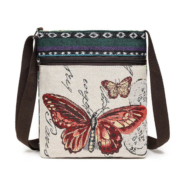 Buddha Stones Elephant Butterfly Embroidered Canvas Tote Bag Shoulder Bag Crossbody Bag - Red Butterfly - Bag