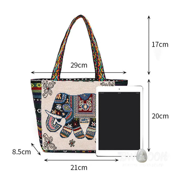 Buddha Stones Elephant Butterfly Embroidered Large Capacity Canvas Tote Bag Shoulder Bag - Bag