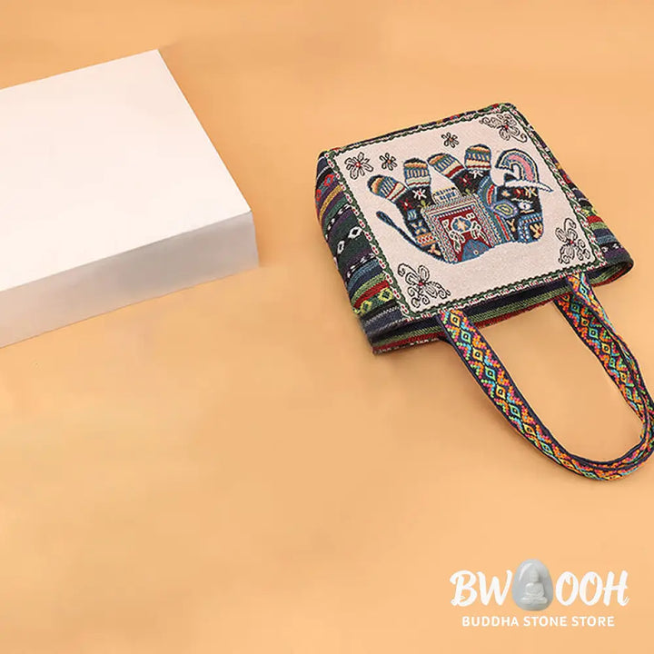 Buddha Stones Elephant Butterfly Embroidered Large Capacity Canvas Tote Bag Shoulder Bag - Bag