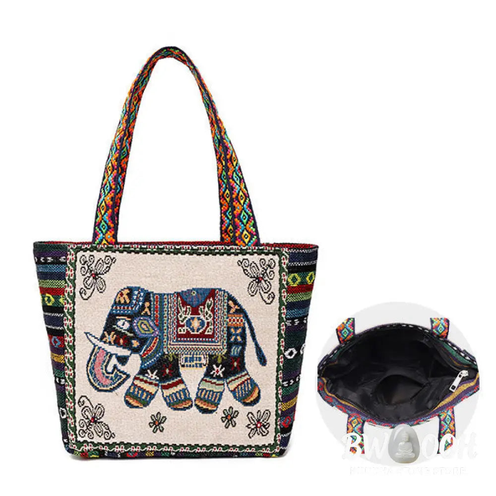 Buddha Stones Elephant Butterfly Embroidered Large Capacity Canvas Tote Bag Shoulder Bag - Bag